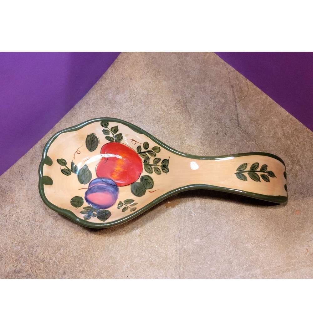 Home Trends Ceramic Spoon Rest Fruit Apple Plum Hand Painted Farmhouse Cream